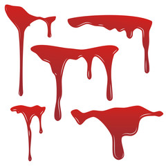 Blood drip set. Drop blood isloated white background. Bleeding bloodstain scare texture. Liquid paint Vector illustraton.