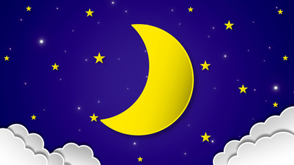 Obraz na płótnie Canvas Paper art style Night sky with Waxing crescent moon, stars and clouds on 3d space background. 3d rendering, 3d illustration.