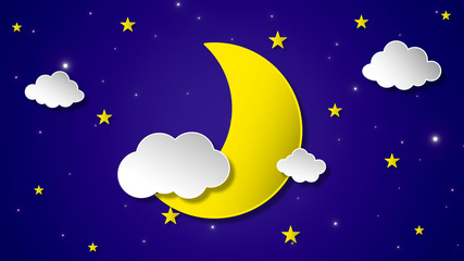 Obraz na płótnie Canvas Paper art style Night sky with Waxing crescent moon, stars and clouds on 3d space background. 3d rendering, 3d illustration.