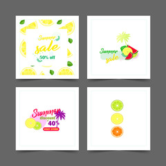 Naklejka premium summer instagram post collection. Collection of summer vector patterns with citrus fruits and palm trees - discounts and sales. 