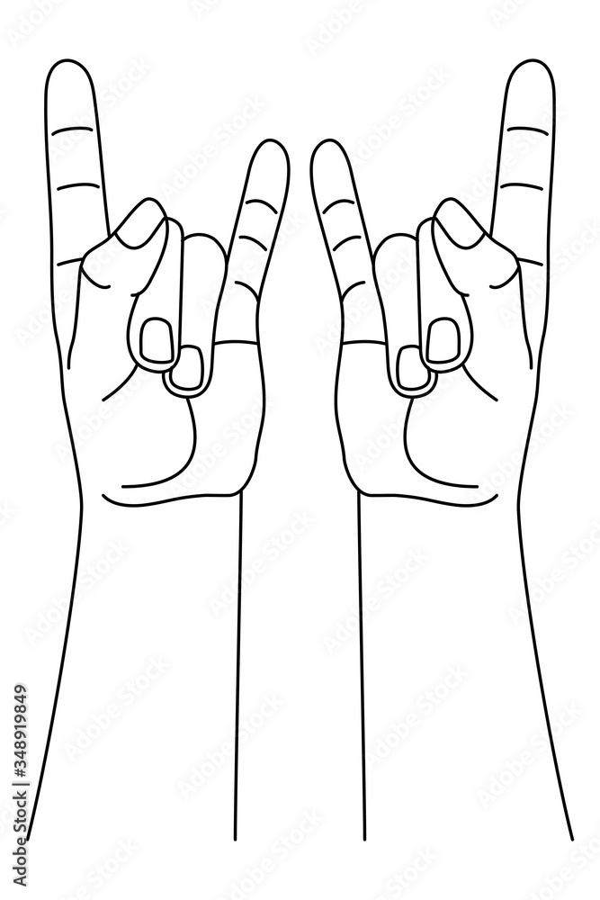 Wall mural left and right hands with rock gesture in different positions. vector illustration in outline style 