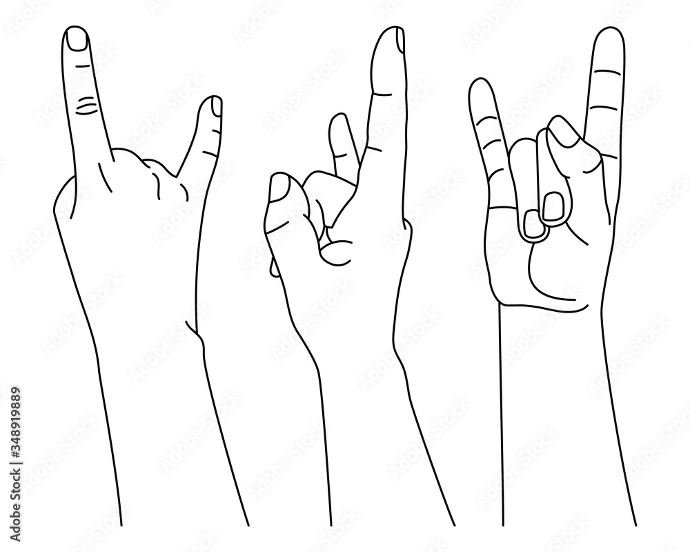 Wall mural set of hand position with rock gesture in different views. vector illustration in outline style isol