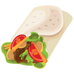 Burrito in cartoon style. Mexican food isolated on white background.