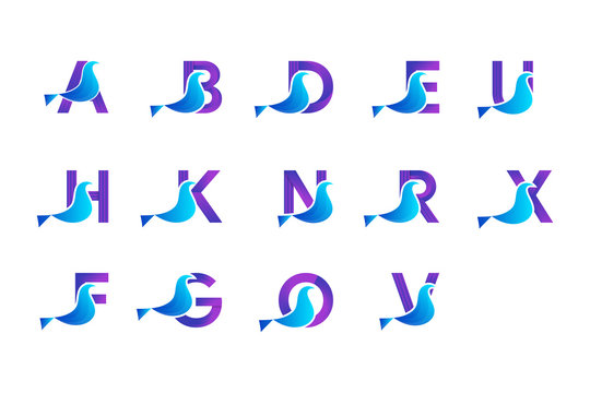 Set of combination alphabet use purple with bird use blue gradient color. alphabet bird logo or icon. 