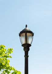 Fototapeta na wymiar an antique style, black metal, unlit street lamp against a clear, blue sky with foliage peeking into the shot on the lower left side