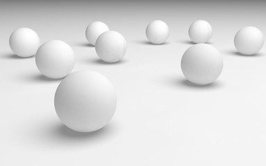 White abstract background. Set of white balls isolated on white backdrop. 3D illustration