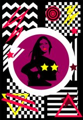 Sexy women silhouette with star breasts on the mosaic and stripes background 