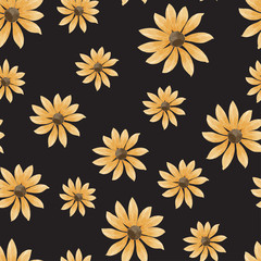 Repeat watercolor pattern of sunflowers in the black backdrop