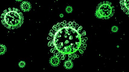 green glowing holographic image of coronavirus like covid-19 virus or influenza virus flies in air or isolated on black background. 3D rendering for informational presentation.