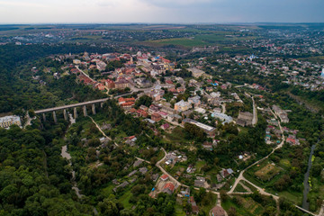 An arial view taken with a drone shows old town district at the city of Kam'yanets-Podilsky, Khmelnitsky region, Ukraine