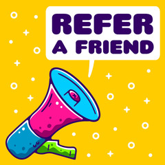 Refer a Friend. Referral Program. Loudspeaker Vapor Wave, Retro wave, Synthpop Style. Megaphone Icon. Colorful Loudspeaker on yellow background isolated. Stock Vector Illustration. Cartoon style.  