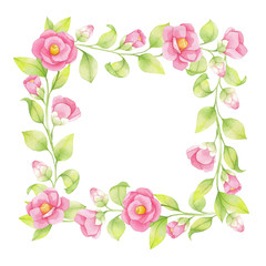 Watercolor square frame of pink flowers and green twigs, leaves isolated on white background.  Japanese camellia