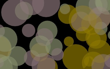 Multicolored translucent circles on a dark background. Yellow tones. 3D illustration