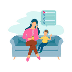 Mom and son are sitting on the sofa with headphones and listening to audiobooks. Flat style illustration on a white background.