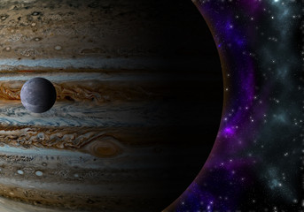 Illustration of jupiter next to ganimedes in a background full of stars. © randyrafaelcg