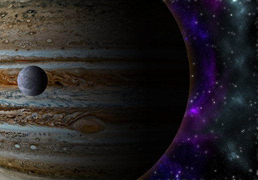 Illustration of jupiter next to ganimedes in a background full of stars.