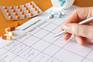 Schmerztagebuch: writing in weekly pain diary spreadsheet german, pain treatment concept.