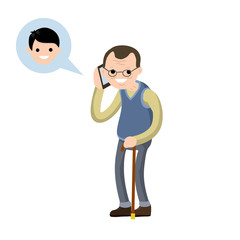 Grandfather call grandson on phone. Talk old Senior man and boy. Cartoon flat illustration. Communication generations. Family and friendship. Cane and glasses. Lifestyle and pastime of elder pensioner