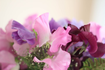 Blooming sweet peas. Artificial Summer flowers for interior decoration. Beautiful bouquet of blossom blue sweet peas.  Happy birthday!