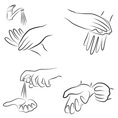 Collection of hygiene procedures. Wash your hands with soap under the tap, wipe with a napkin, treat with an antiseptic, wear rubber gloves. Vector illustration of a set