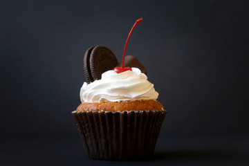 Freshly baked pastry, black coffee on a tray.