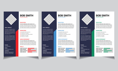 Professional personal CV and resume template with nice typography design, red, blue, green colorful simple curriculum vitae layout