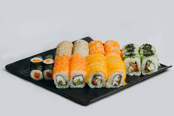 Sushi Set and Seth Mega Salmon on a black plate