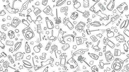 cute kawaii seamless black and white doodle background of household cleaning item icon collection