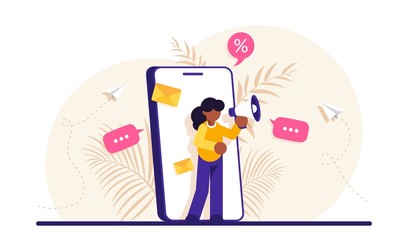Concept of mobile advertisement, digital promotion, social media marketing or SMM. Woman with a megaphone on her phone screen. Modern flat vector illustration.
