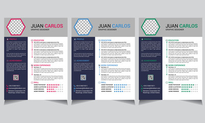 Professional personal CV and resume template with nice typography design, red, blue, green colorful simple curriculum vitae layout.