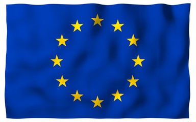 Slightly waving flag of the European Union isolated on white background, 3D rendering. Symbol of Europe. 3D illustration