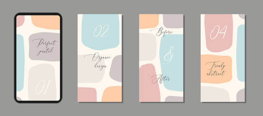 Beautiful calm set of vertical social media post templates with minimal abstract organic shapes composition in trendy contemporary collage style