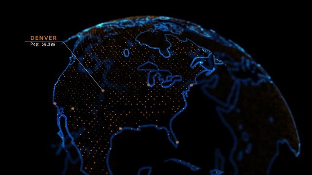 4k 3D Holographic earth featuring major cities in the US with population data plotted. 2020 Denver population according to the census bureau