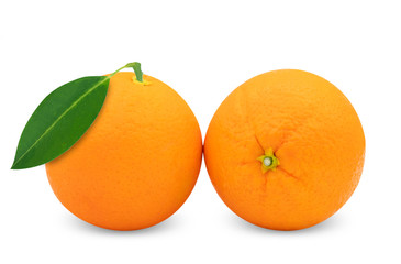 Closeup two fresh orange fruit  with leaf isolated on white background with clipping path
