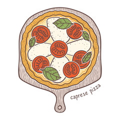 Caprese Pizza with tomato and mozzarella and basil, sketching illustration