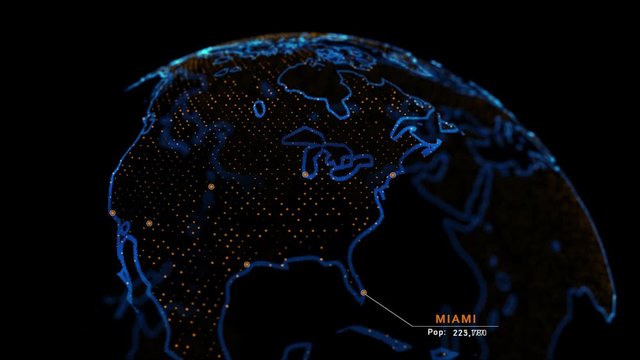 4k 3D Holographic earth featuring major cities in the US with population data plotted. 2020 Miami population according to the census bureau