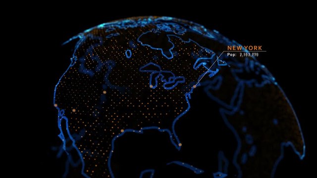 4k 3D Holographic earth featuring major cities in the US with population data plotted. 2020 New York City population according to the census bureau