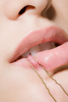 Close-up Pink Lips With Bobby Pin
