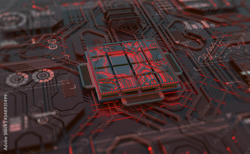 Aufkleber Artificial intelligence, digital mind, computer technology. Motherboard, processor, CPU, quantum computer 3D illustration. High tech and cyber technology in global digital space