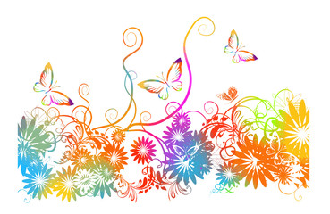 A multi-colored floral abstraction with rainbow butterflies. Mixed media. Vector illustration