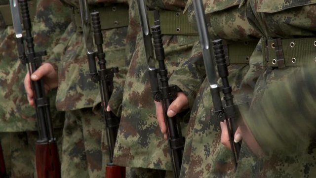 Line of Serbian Army Soldiers with bayonets fixed, standing at ease. Soldiers hold rifle barrels with a bayonet in the military line
