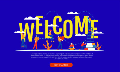 Welcome big word with small people vector illustration concept template background can be use for presentation web banner UI UX landing page