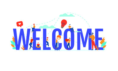 Welcome big word with small people vector illustration concept template white background isolated can be use for presentation web banner UI UX landing page