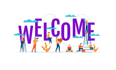 Welcome big word with small people vector illustration concept template white background isolated can be use for presentation web banner UI UX landing page