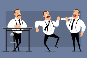 Cartoon flat funny cute fat office worker with mustache and black tie. Ready for animation. Man dancing, holding newspaper and standing behind table. Isolated on blue background. Vector icon set.