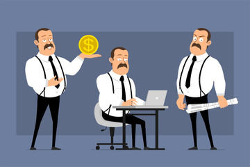 Cartoon flat funny cute fat office worker with mustache and black tie. Ready for animation. Man holding dollar coin sign and working on laptop. Isolated on blue background. Vector icon set.