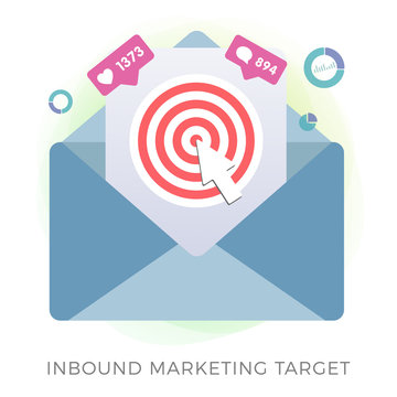Inbound Marketing Target Concept. Advertisement Strategy with email envelope icon with a target, mouse cursor and various elements - likes, comments and graph isolated on white background