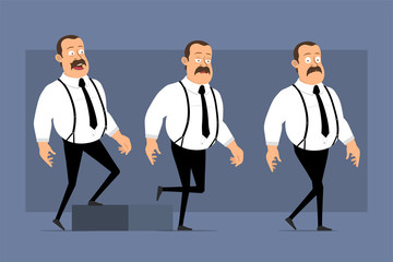 Obraz premium Cartoon flat funny cute fat office worker with mustache and black tie. Ready for animation. Successful man walking up to his goal. Isolated on blue background. Vector icon set.