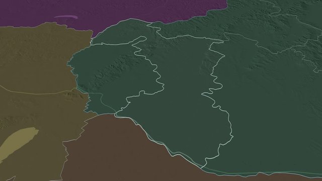 Trnavsk&yacute;, region with its capital, zoomed and extruded on the administrative map of Slovakia in the conformal Stereographic projection. Animation 3D
