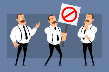 Cartoon flat funny cute fat office worker with mustache and black tie. Ready for animation. Rebel man standing, thinking and holding no entry sign. Isolated on blue background. Vector icon set.
